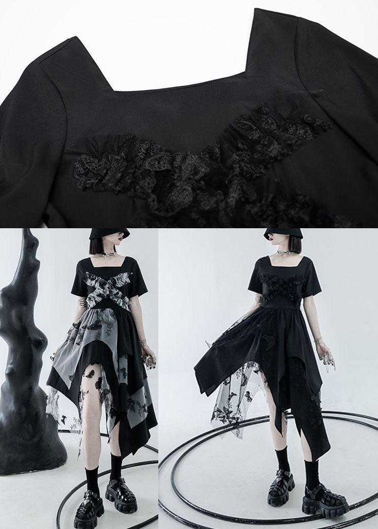Diy Black Asymmetrical Design Tulle Patchwork Cotton Vacation Dress Summer