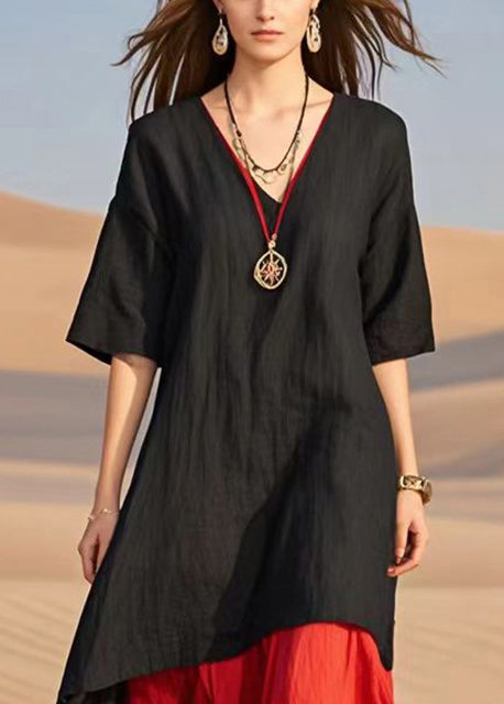 Diy Black Asymmetrical Patchwork Cotton Fake Two Piece Dresses Summer