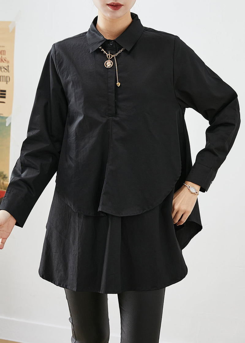 Diy Black Asymmetrical Patchwork Cotton Shirt Tops Fall