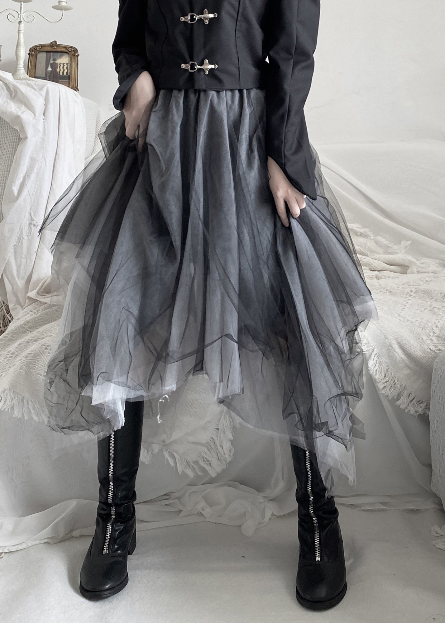 Diy Black Asymmetrical Wrinkled Tulle a Line Skirt Fall