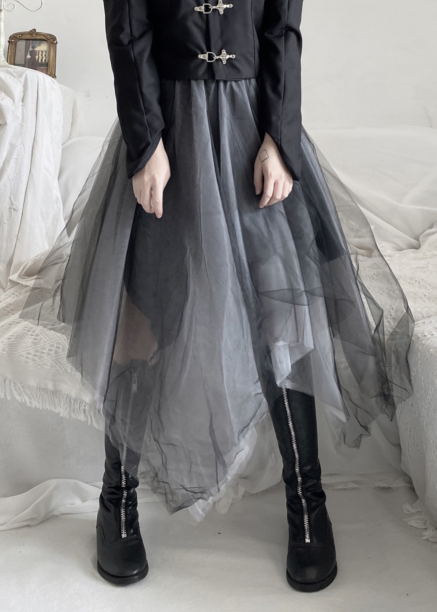Diy Black Asymmetrical Wrinkled Tulle a Line Skirt Fall