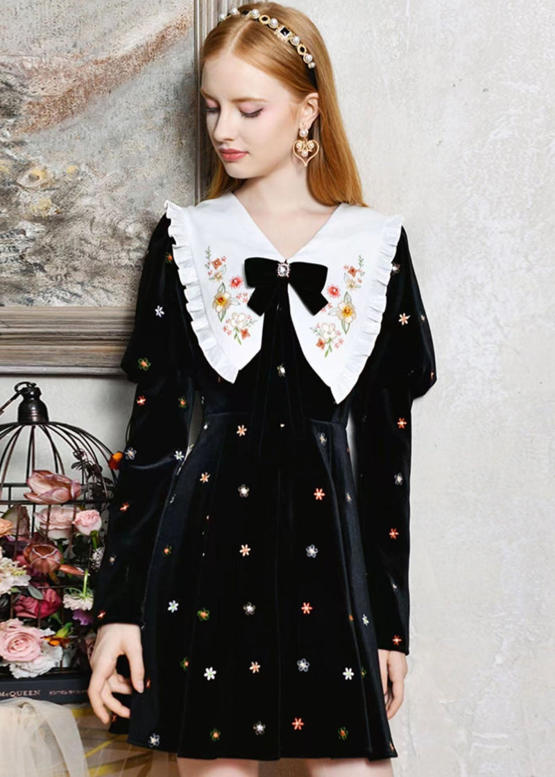 Diy Black Bow Collar Embroideried Silk Velour Dresses Spring