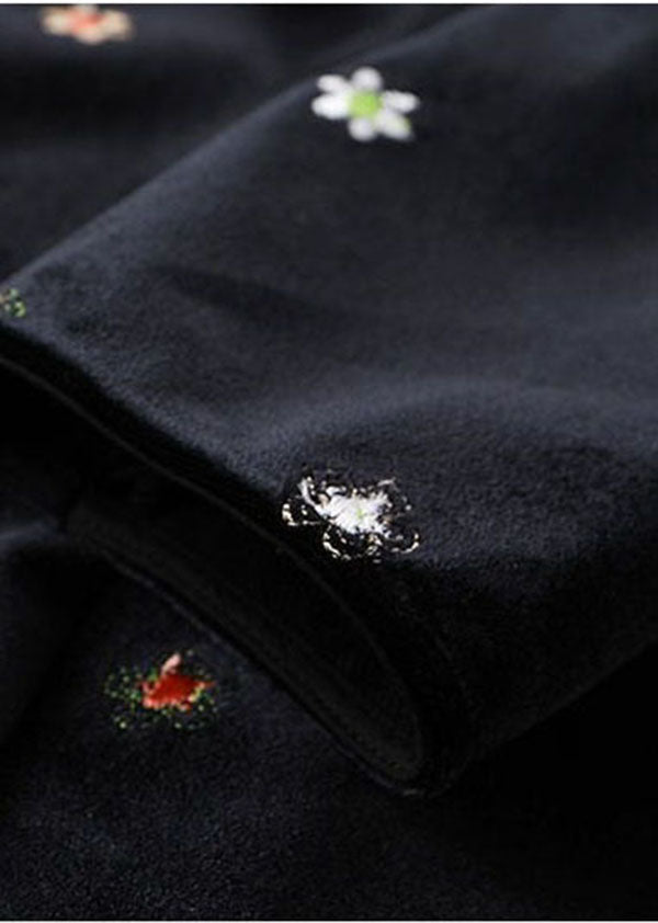 Diy Black Bow Collar Embroideried Silk Velour Dresses Spring