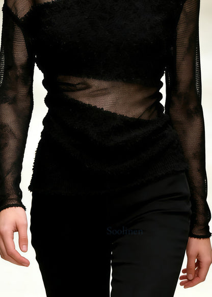 DIY Black Cold Shoulder Patchwork Tulle Tops Summer