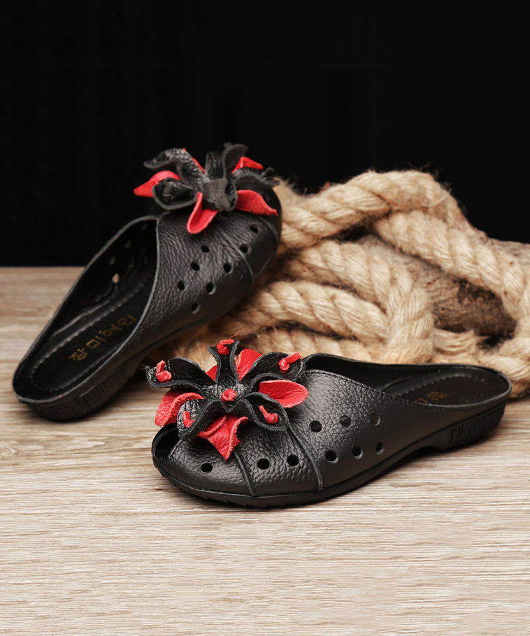 Diy Black Cowhide Leather Splicing Slide Sandals