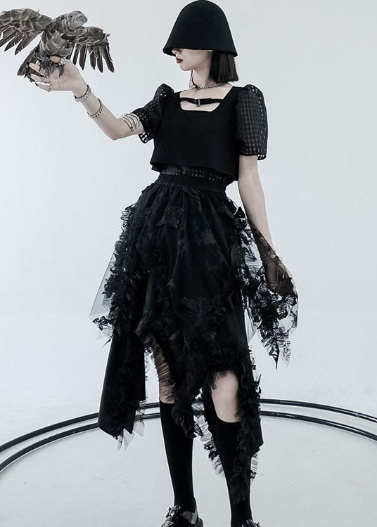 Diy Black Elastic Waist Asymmetrical Design Ruffled a Line Skirts Summer