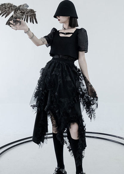 Diy Black Elastic Waist Asymmetrical Design Ruffled a Line Skirts Summer