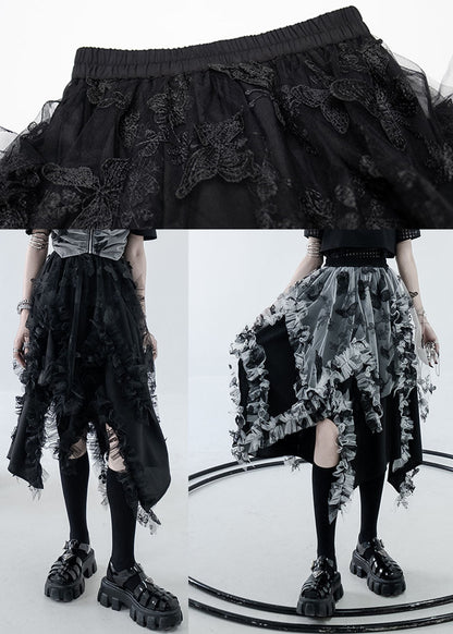 Diy Black Elastic Waist Asymmetrical Design Ruffled a Line Skirts Summer