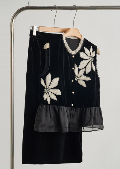 Diy Black Embroidered Organza Patchwork Silk Velour Vests Spring