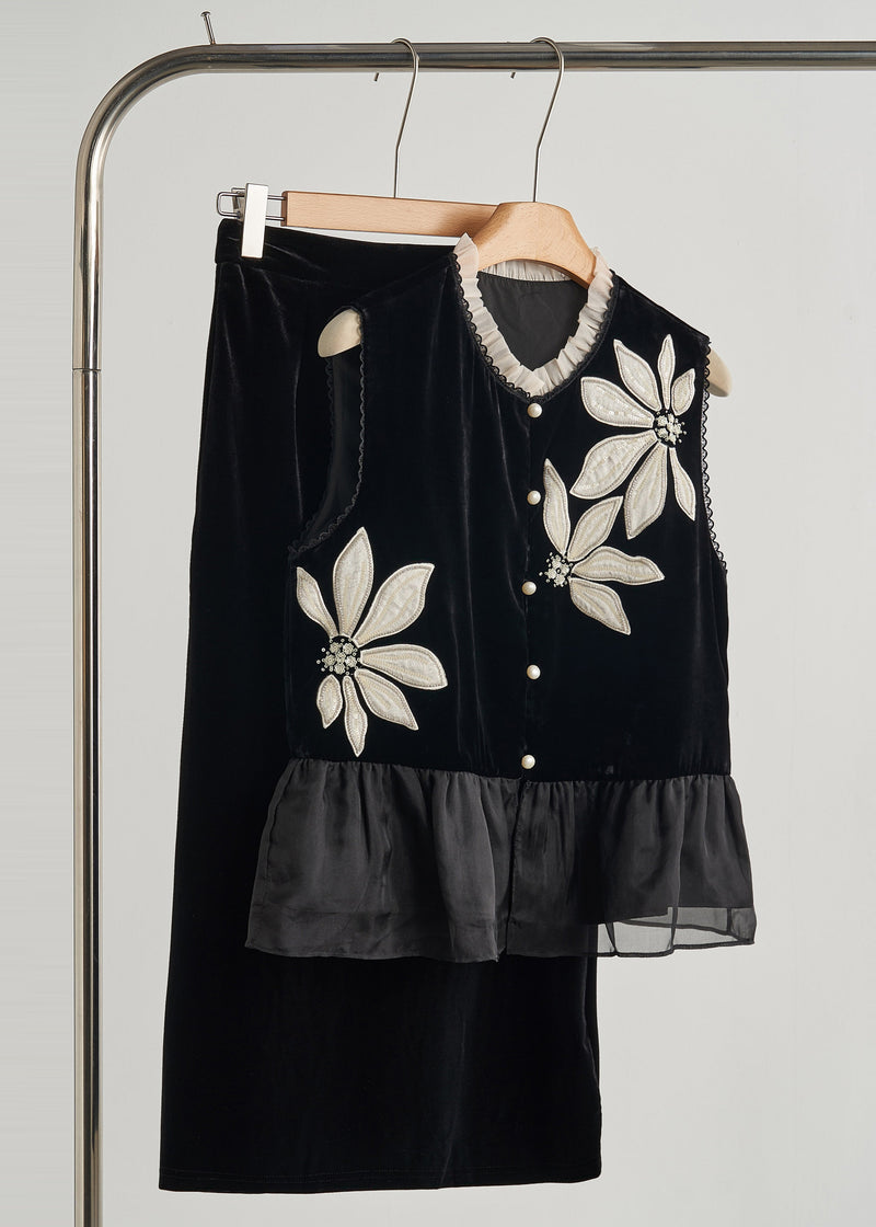 Diy Black Embroidered Organza Patchwork Silk Velour Vests Spring