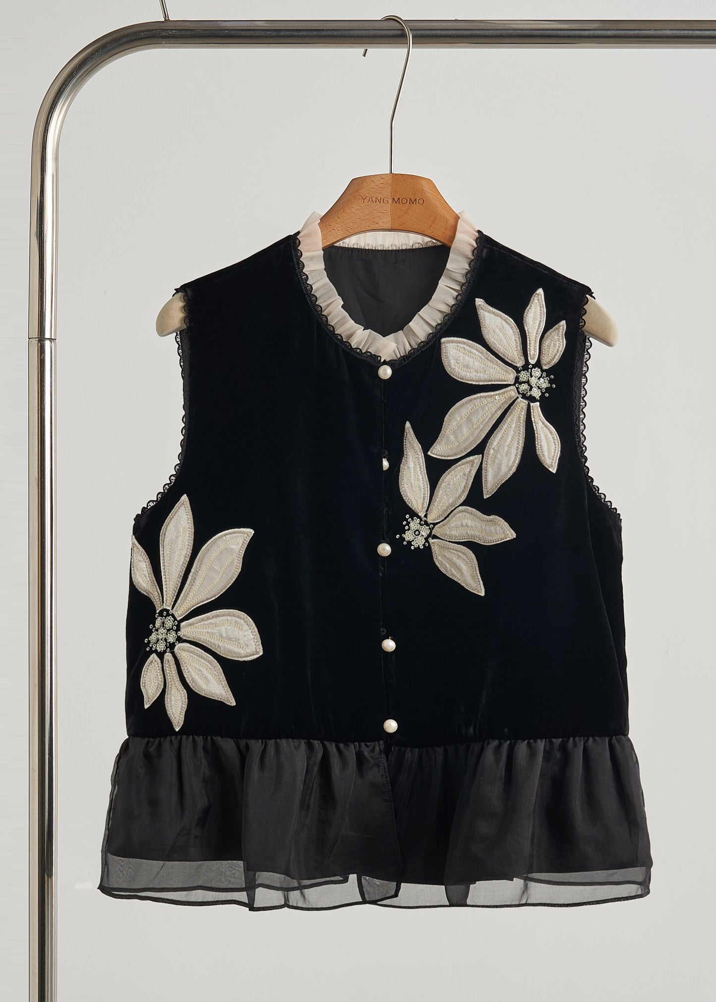 Diy Black Embroidered Organza Patchwork Silk Velour Vests Spring