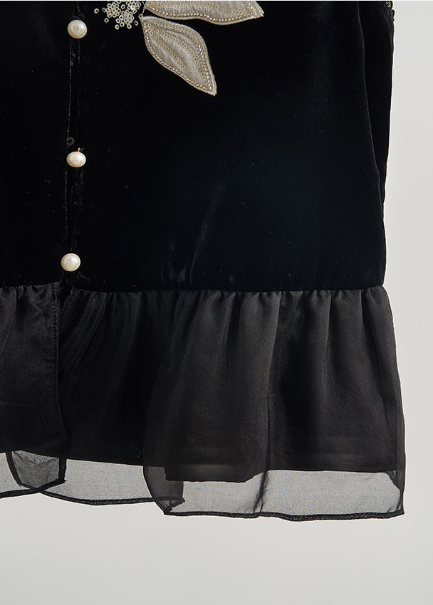 Diy Black Embroidered Organza Patchwork Silk Velour Vests Spring