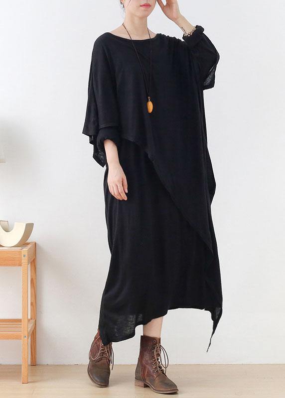 Diy Black Loose Asymmetrical Design Fall Cotton Long Sleeve Dresses