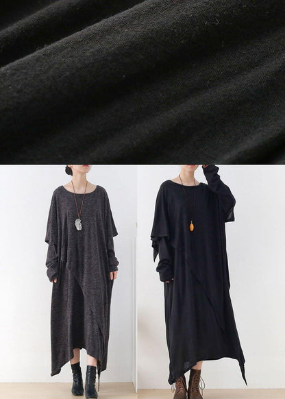 Diy Black Loose Asymmetrical Design Fall Cotton Long Sleeve Dresses