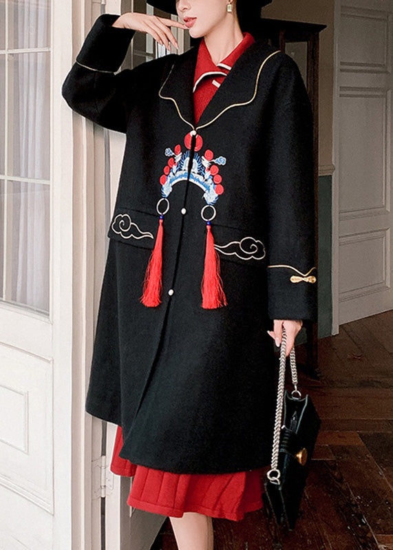 Diy Black Notched Embroideried Button Woolen Trench Coats Winter