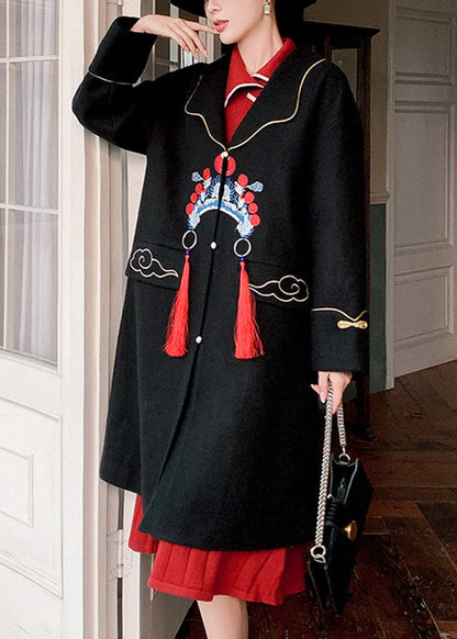 Diy Black Notched Embroideried Button Woolen Trench Coats Winter