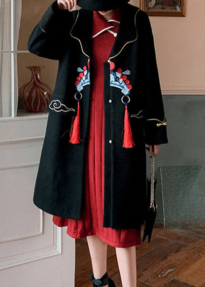 Diy Black Notched Embroideried Button Woolen Trench Coats Winter