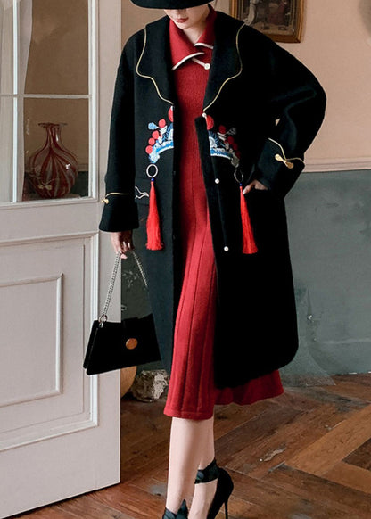Diy Black Notched Embroideried Button Woolen Trench Coats Winter
