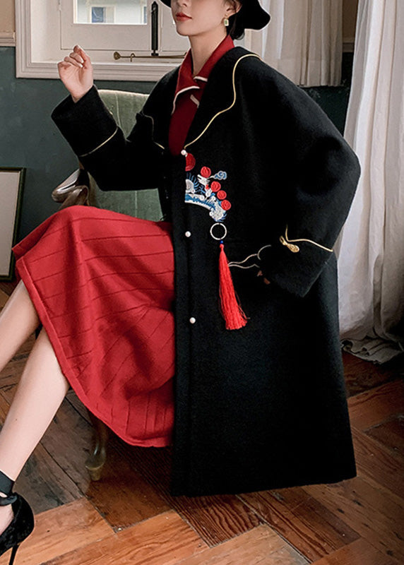 Diy Black Notched Embroideried Button Woolen Trench Coats Winter