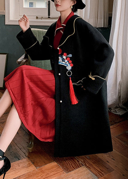 Diy Black Notched Embroideried Button Woolen Trench Coats Winter