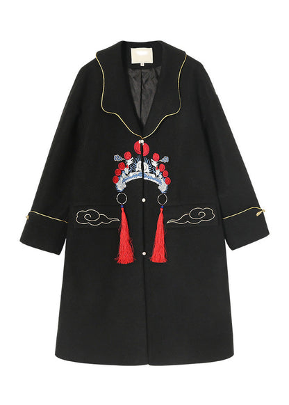 Diy Black Notched Embroideried Button Woolen Trench Coats Winter