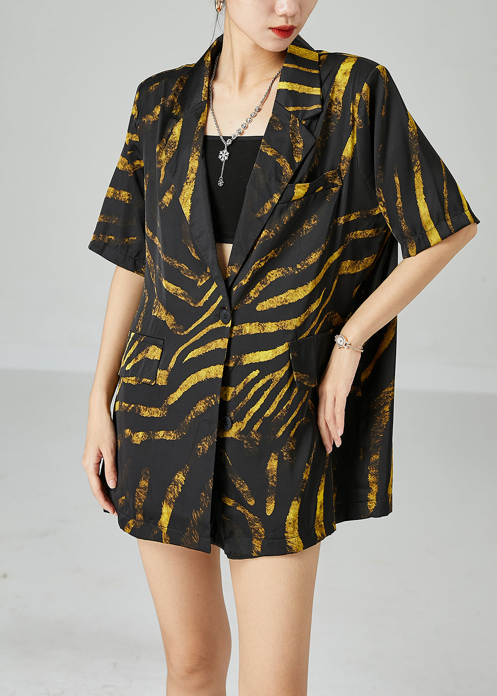 Diy Black Notched Oversized Print Cotton Coat Short Sleeve