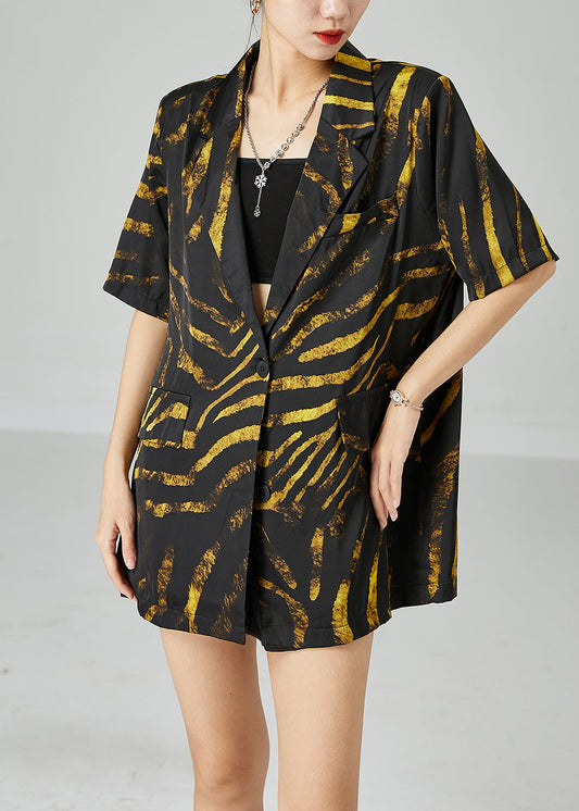 Diy Black Notched Oversized Print Cotton Coat Short Sleeve