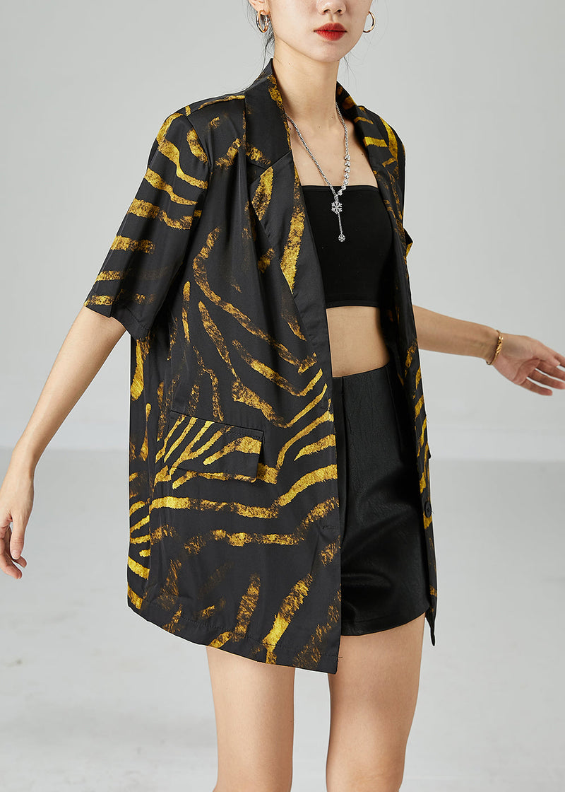 Diy Black Notched Oversized Print Cotton Coat Short Sleeve