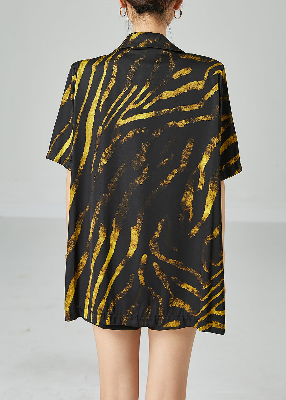 Diy Black Notched Oversized Print Cotton Coat Short Sleeve