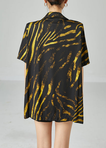 Diy Black Notched Oversized Print Cotton Coat Short Sleeve