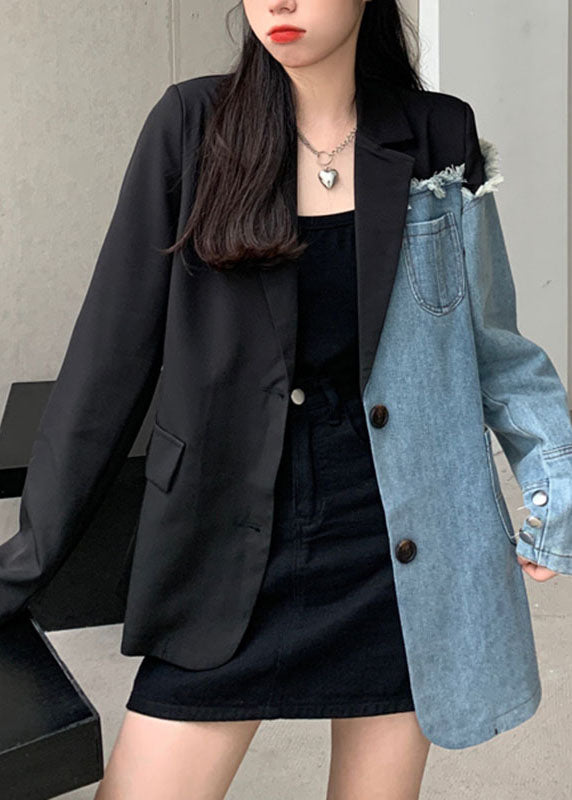 Diy Black Notched Pockets Asymmetrical Denim Patchwork Coats Long Sleeve
