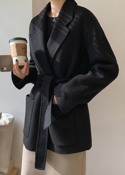 Diy Black Notched Tie Waist Woolen Coats Fall