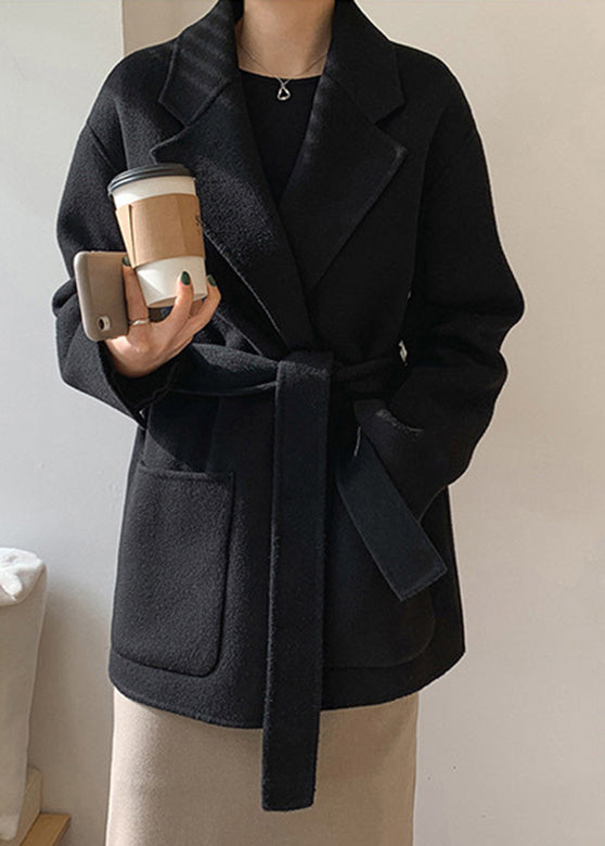Diy Black Notched Tie Waist Woolen Coats Fall