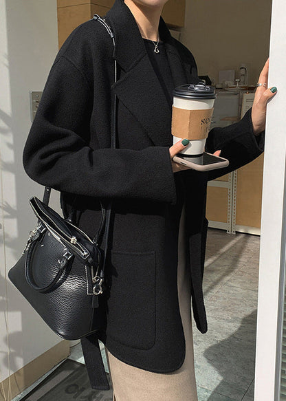 Diy Black Notched Tie Waist Woolen Coats Fall