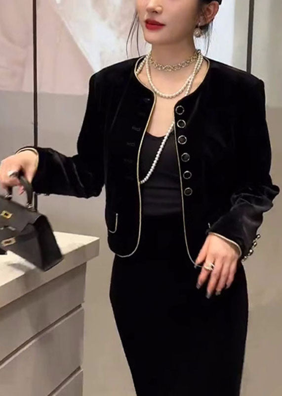 Diy Black O-neck Button Silk Velour Coats Fall