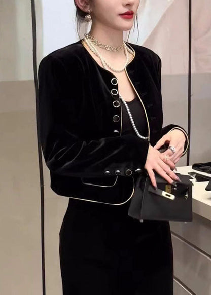 Diy Black O-neck Button Silk Velour Coats Fall