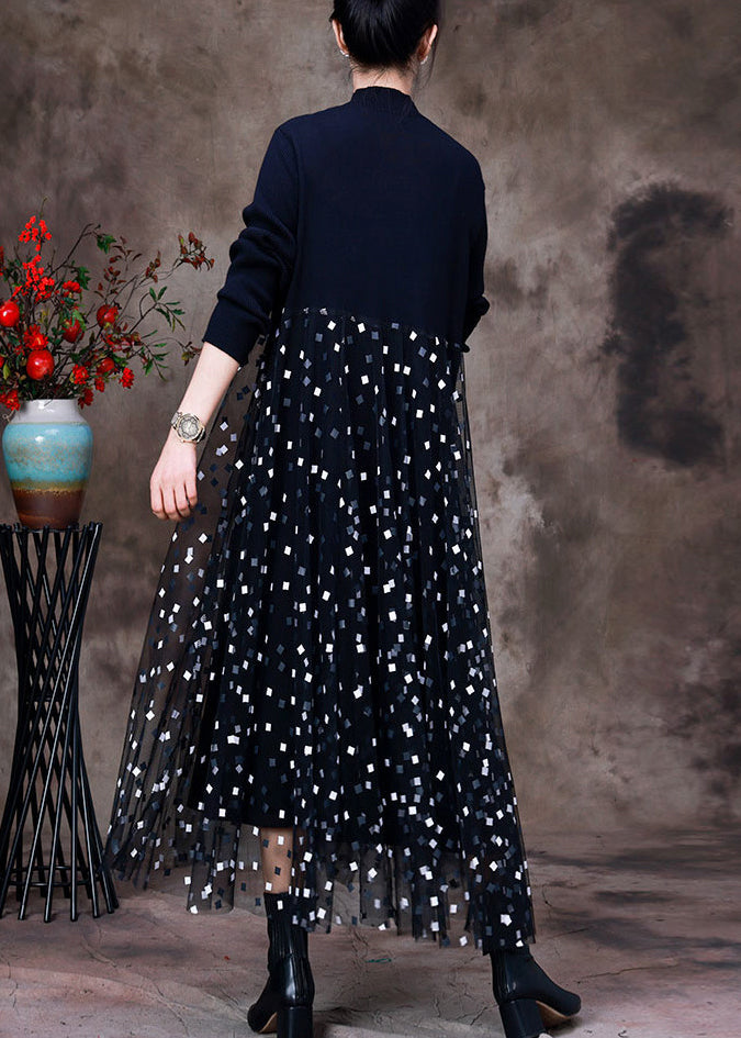 Diy Black O-neck Knit Patchwork Tulle Maxi Dress Long Sleeve