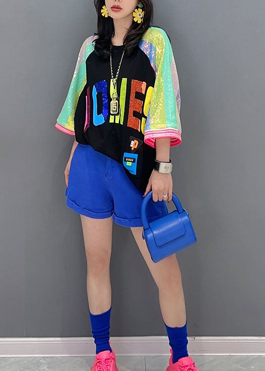 Diy Black O Neck Letter Sequins Patchwork Cotton Top Summer