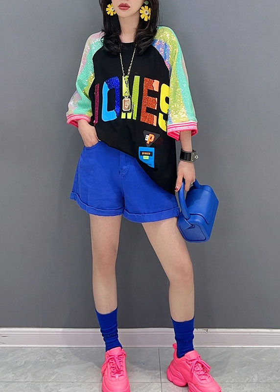 Diy Black O Neck Letter Sequins Patchwork Cotton Top Summer