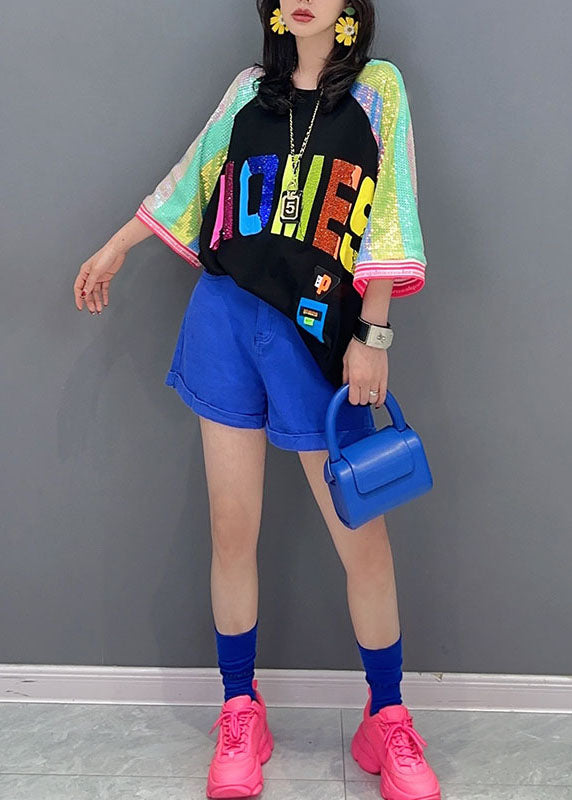 Diy Black O Neck Letter Sequins Patchwork Cotton Top Summer