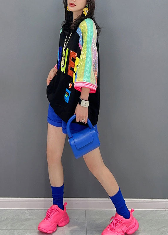 Diy Black O Neck Letter Sequins Patchwork Cotton Top Summer