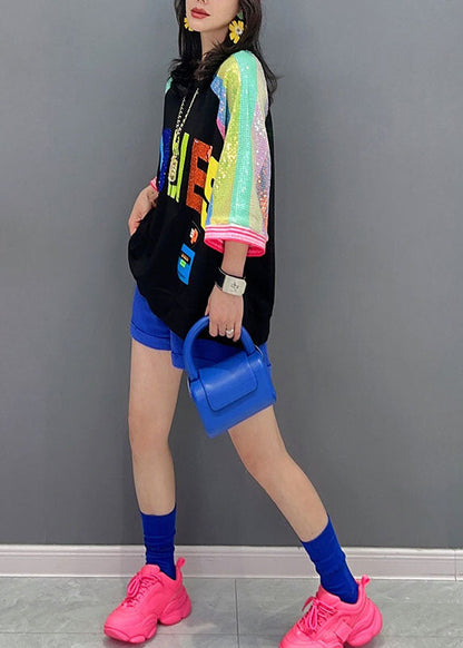 Diy Black O Neck Letter Sequins Patchwork Cotton Top Summer