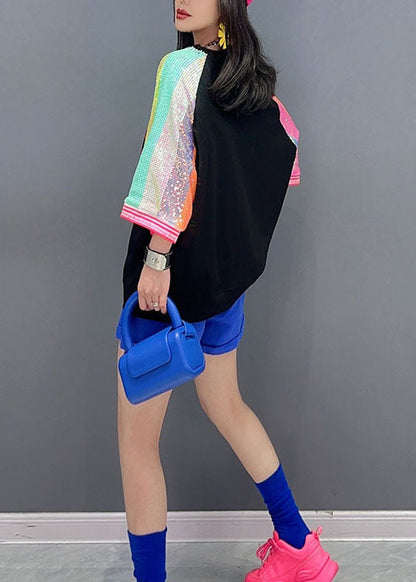 Diy Black O Neck Letter Sequins Patchwork Cotton Top Summer