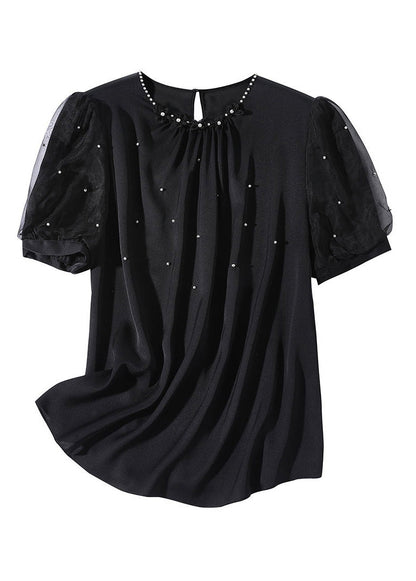 Diy Black O-neck Silk Nail Bead Shirts Summer