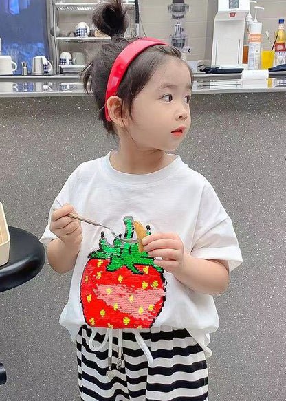 Diy Black O-neck Strawberry Print T Shirt Short Sleeve