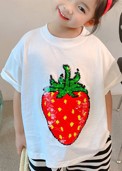 Diy Black O-neck Strawberry Print T Shirt Short Sleeve