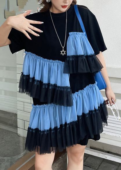 Diy Black O-neck Wrinkled Tulle Patchwork Vacation Mid Dress Short Sleeve