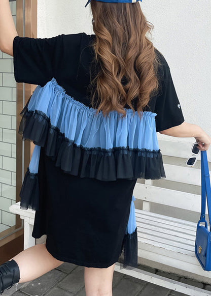 Diy Black O-neck Wrinkled Tulle Patchwork Vacation Mid Dress Short Sleeve
