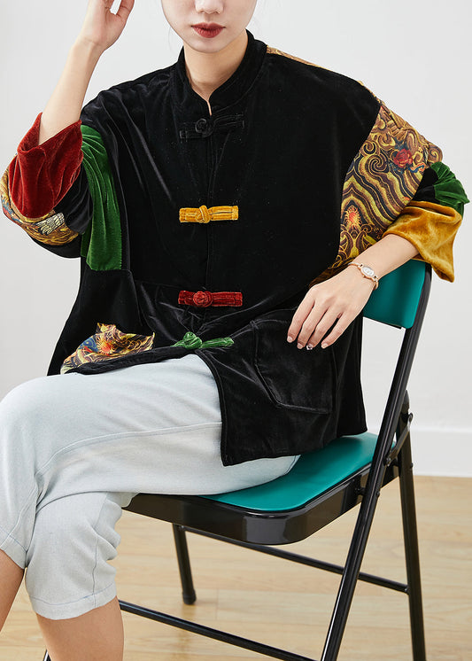 Diy Black Oversized Patchwork Chinese Button Silk Velour Coat Fall