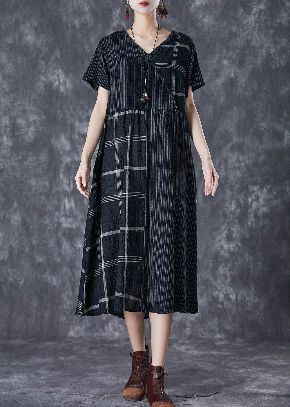 Diy Black Oversized Patchwork Linen Long Dress Summer